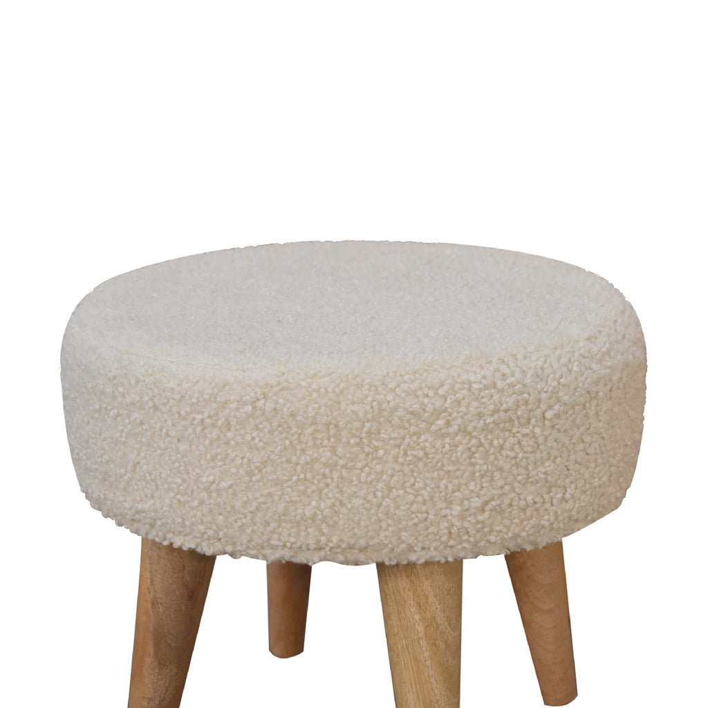 Cream Boucle Mango Wood Petite Footstool — Upholstered Cushioned Top, Nordic Legs | Perigord