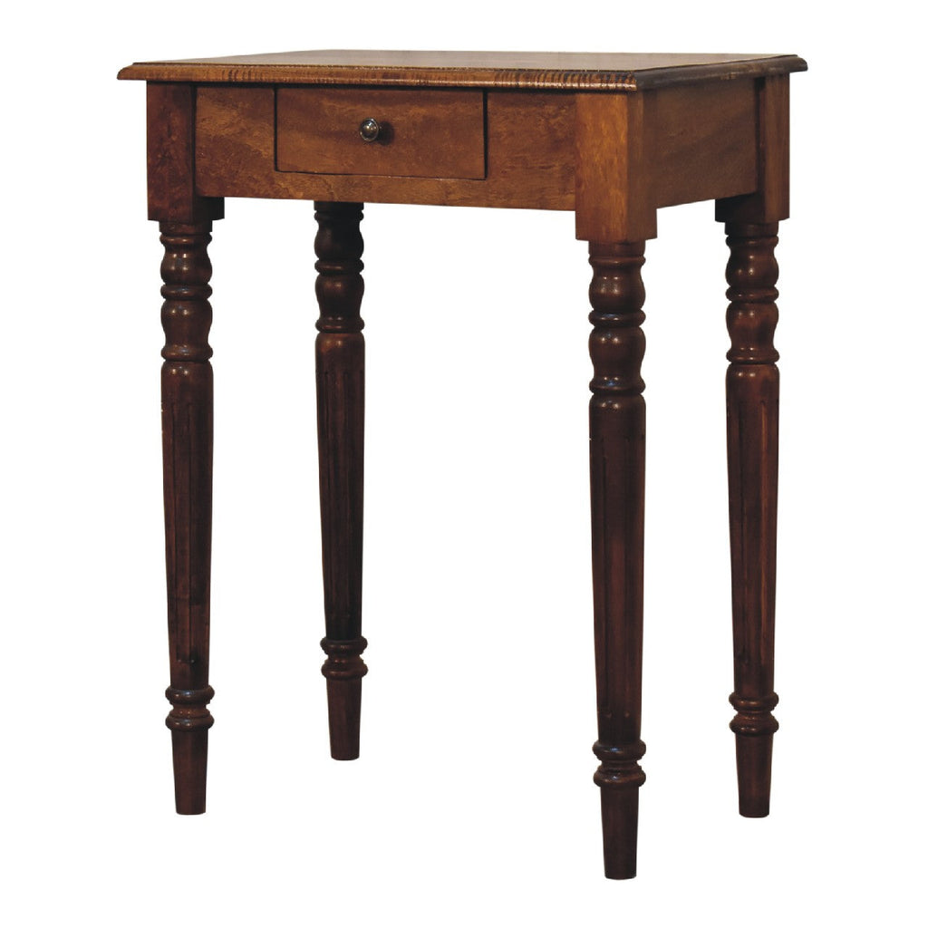 Chestnut Mango Wood 1-Drawer Writing Desk — Hand-Carved Fluted Turned Legs, Brass Knob | Rennes