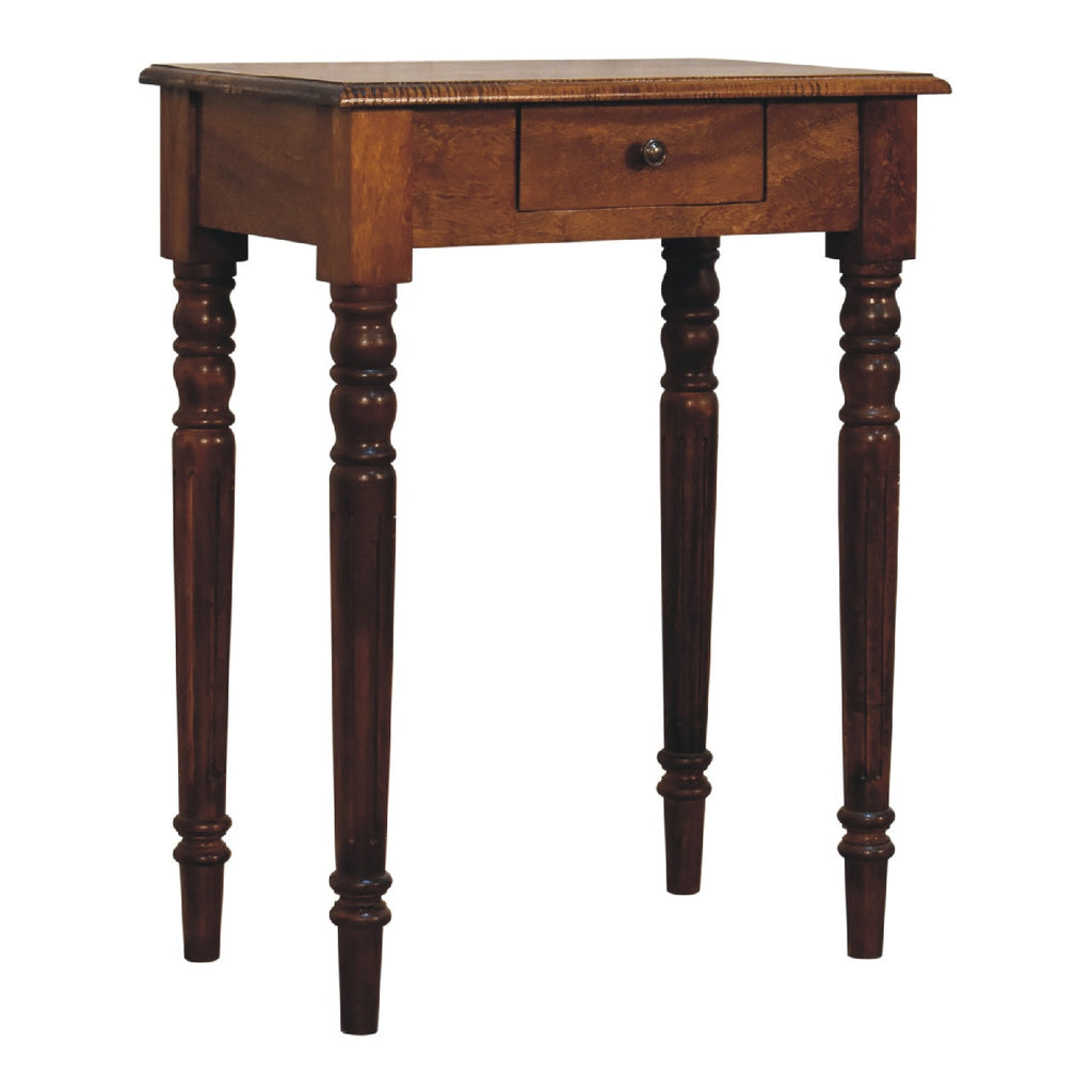 Chestnut Mango Wood 1-Drawer Writing Desk — Hand-Carved Fluted Turned Legs, Brass Knob | Rennes