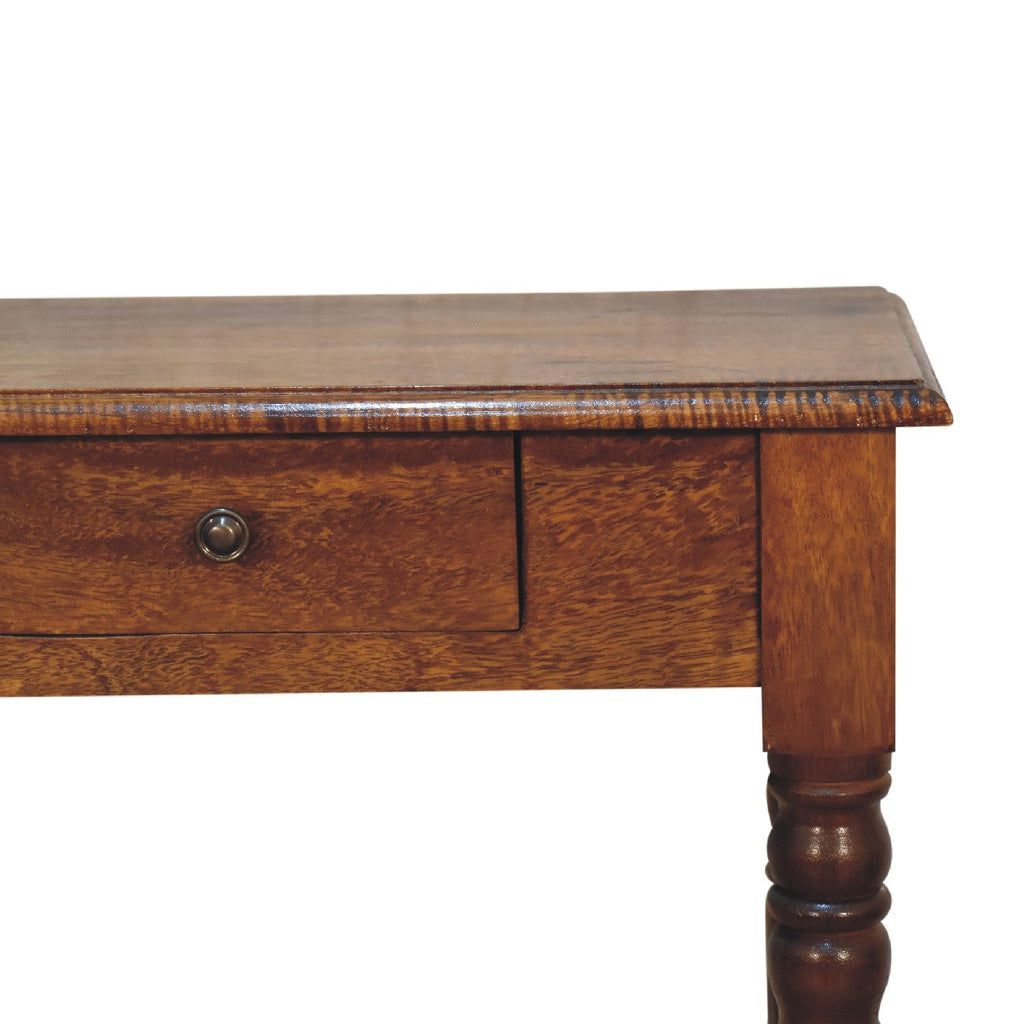 Chestnut Mango Wood 1-Drawer Writing Desk — Hand-Carved Fluted Turned Legs, Brass Knob | Rennes