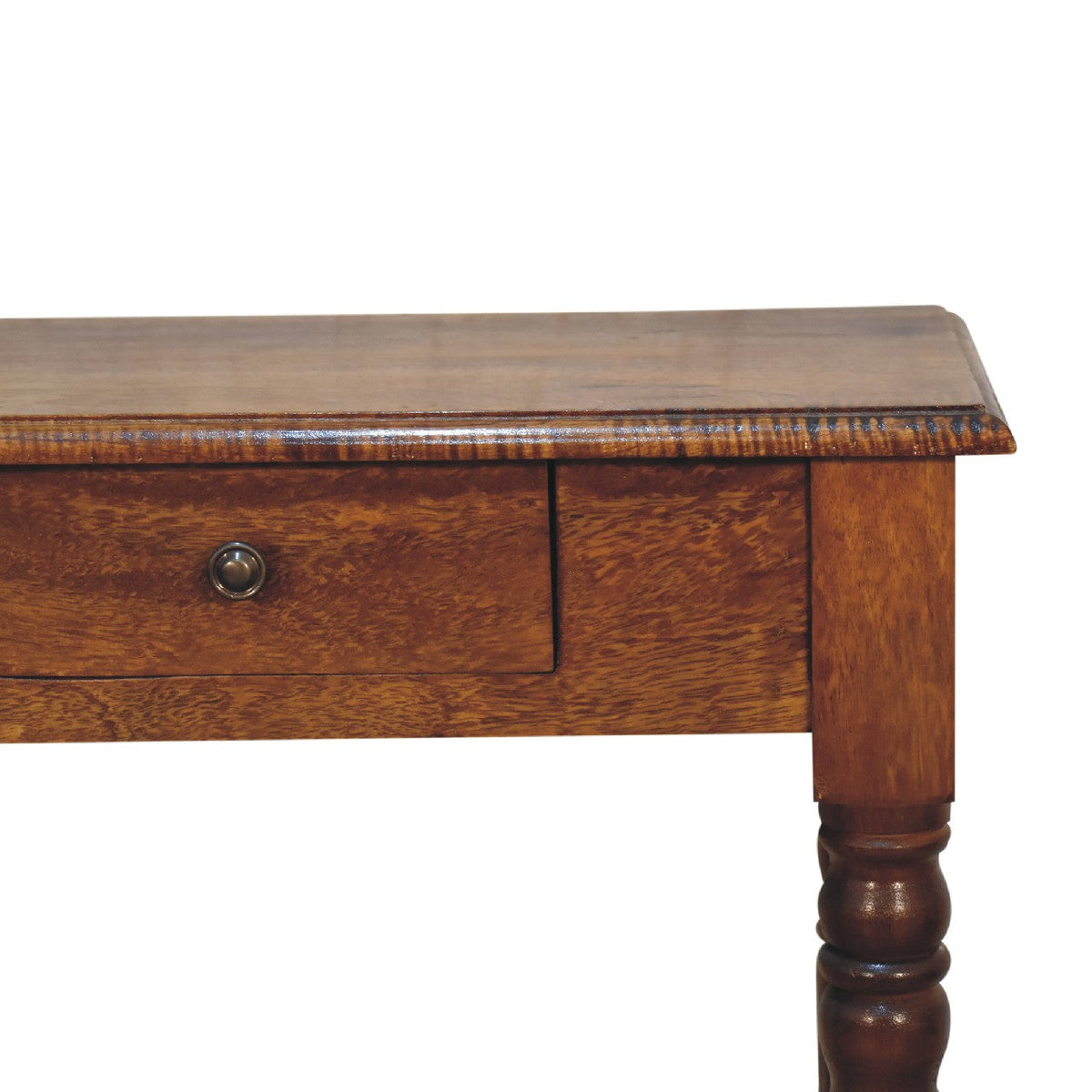Chestnut Mango Wood 1-Drawer Writing Desk — Hand-Carved Fluted Turned Legs, Brass Knob | Rennes