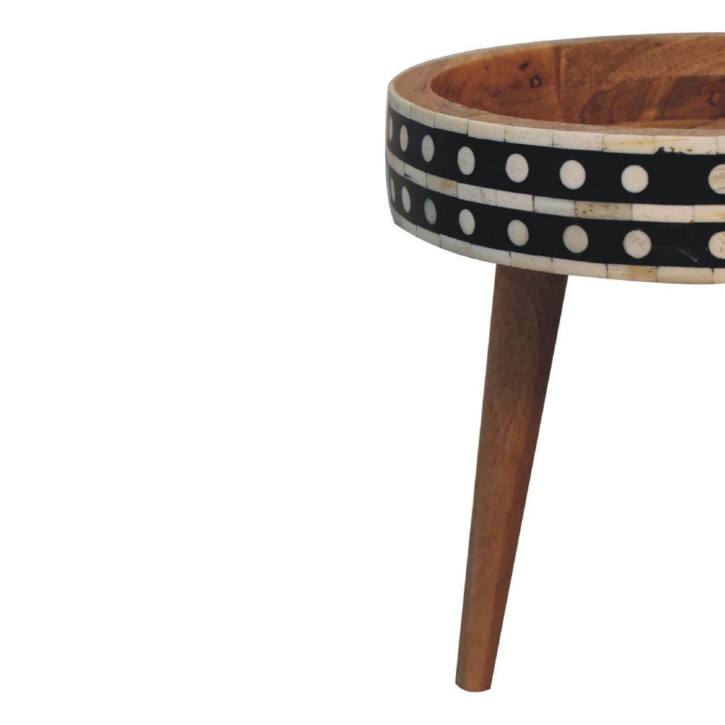 Oak Finish Mango Wood Mini Side Table — Bone Inlay Pattern, Nordic Tripod Legs | Tournai
