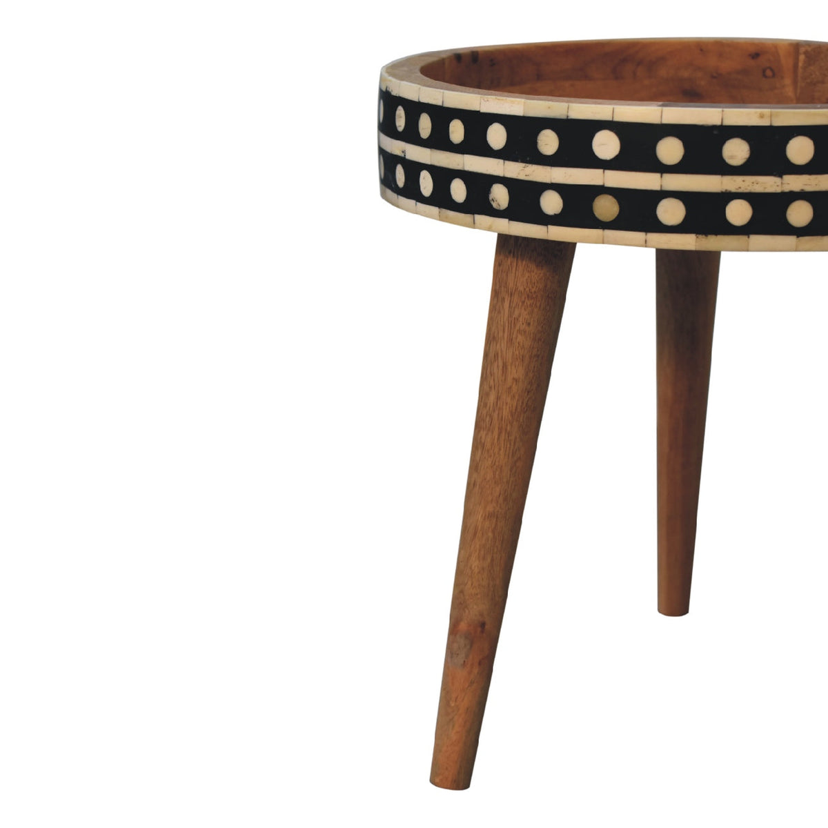 Oak Finish Mango Wood Mini Side Table — Bone Inlay Pattern, Nordic Tripod Legs | Tournai