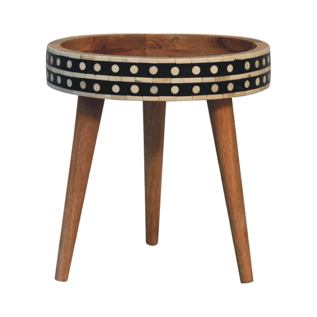 Oak Finish Mango Wood Mini Side Table — Bone Inlay Pattern, Nordic Tripod Legs | Tournai