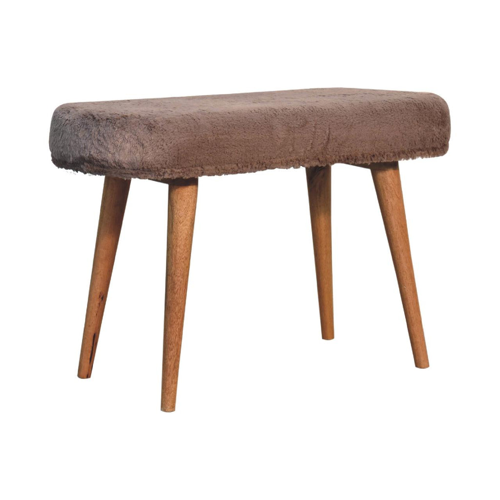 Oak Finish Mango Wood Bench — Mocha Faux Fur Upholstered Seat, Nordic Legs | Uzes