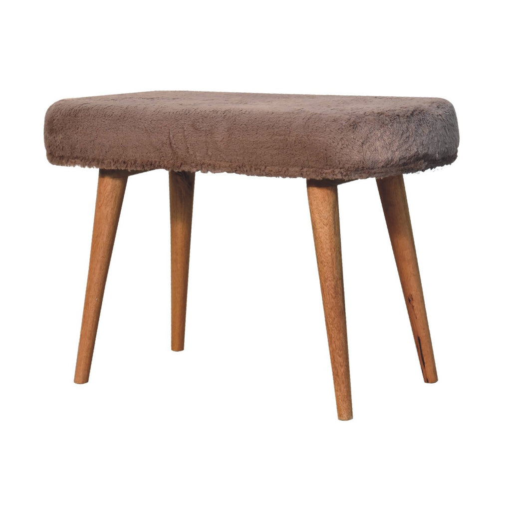 Oak Finish Mango Wood Bench — Mocha Faux Fur Upholstered Seat, Nordic Legs | Uzes