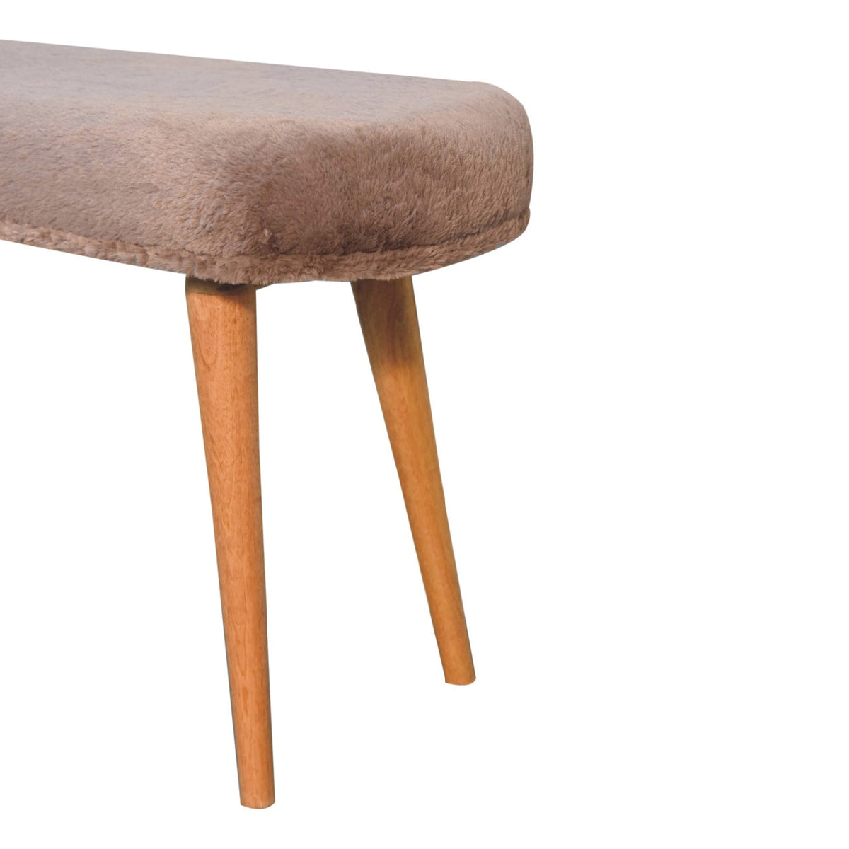 Oak Finish Mango Wood Bench — Mocha Faux Fur Upholstered Seat, Nordic Legs | Uzes