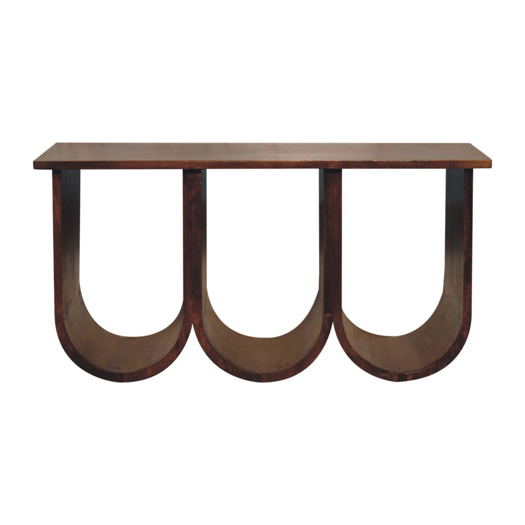 Chestnut Mango Wood Coffee Table — Triple Open Shelf Abstract Design | Belvoir