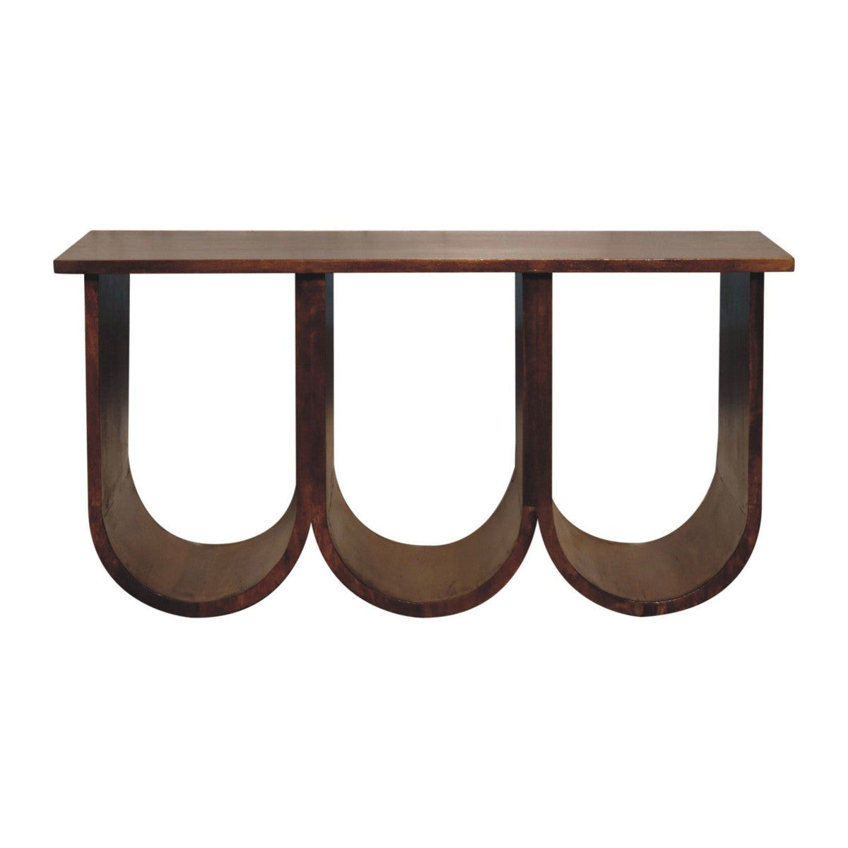 Chestnut Mango Wood Coffee Table — Triple Open Shelf Abstract Design | Belvoir