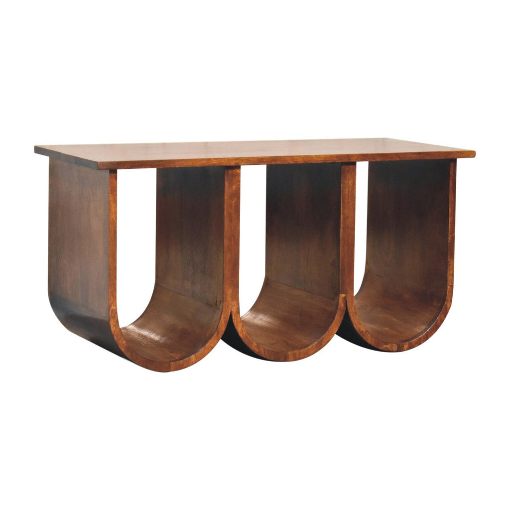 Chestnut Mango Wood Coffee Table — Triple Open Shelf Abstract Design | Belvoir