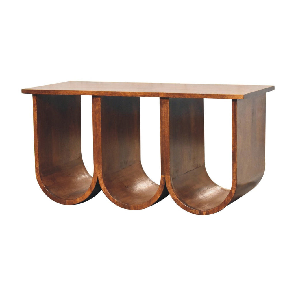 Chestnut Mango Wood Coffee Table — Triple Open Shelf Abstract Design | Belvoir