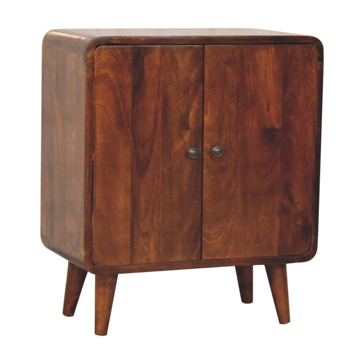 Chestnut Mango Wood Mini Storage Cabinet — Interior Shelves, Knob Doors, Nordic Legs | Colette