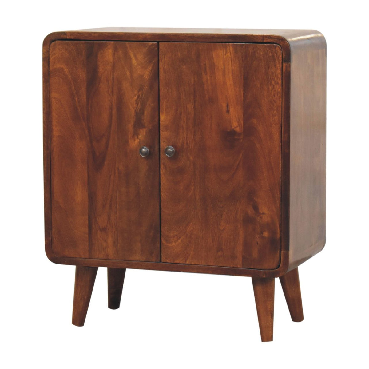 Chestnut Mango Wood Mini Storage Cabinet — Interior Shelves, Knob Doors, Nordic Legs | Colette
