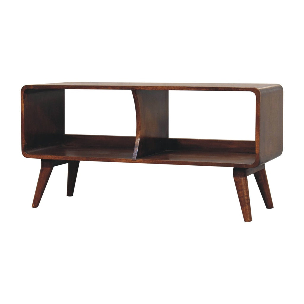 Chestnut Mango Wood Media Console — Curved Edges, Double Open Slot, Nordic Legs TV Stand | Denys