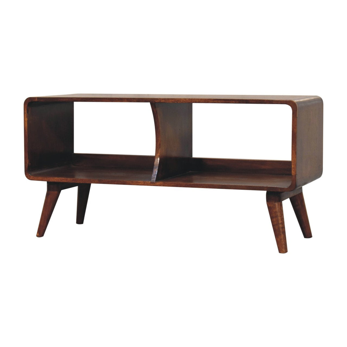 Chestnut Mango Wood Media Console — Curved Edges, Double Open Slot, Nordic Legs TV Stand | Denys