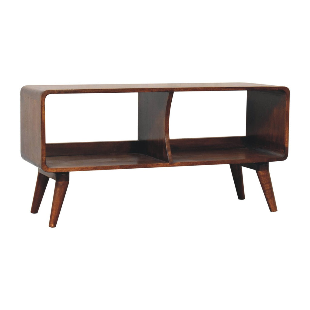 Chestnut Mango Wood Media Console — Curved Edges, Double Open Slot, Nordic Legs TV Stand | Denys