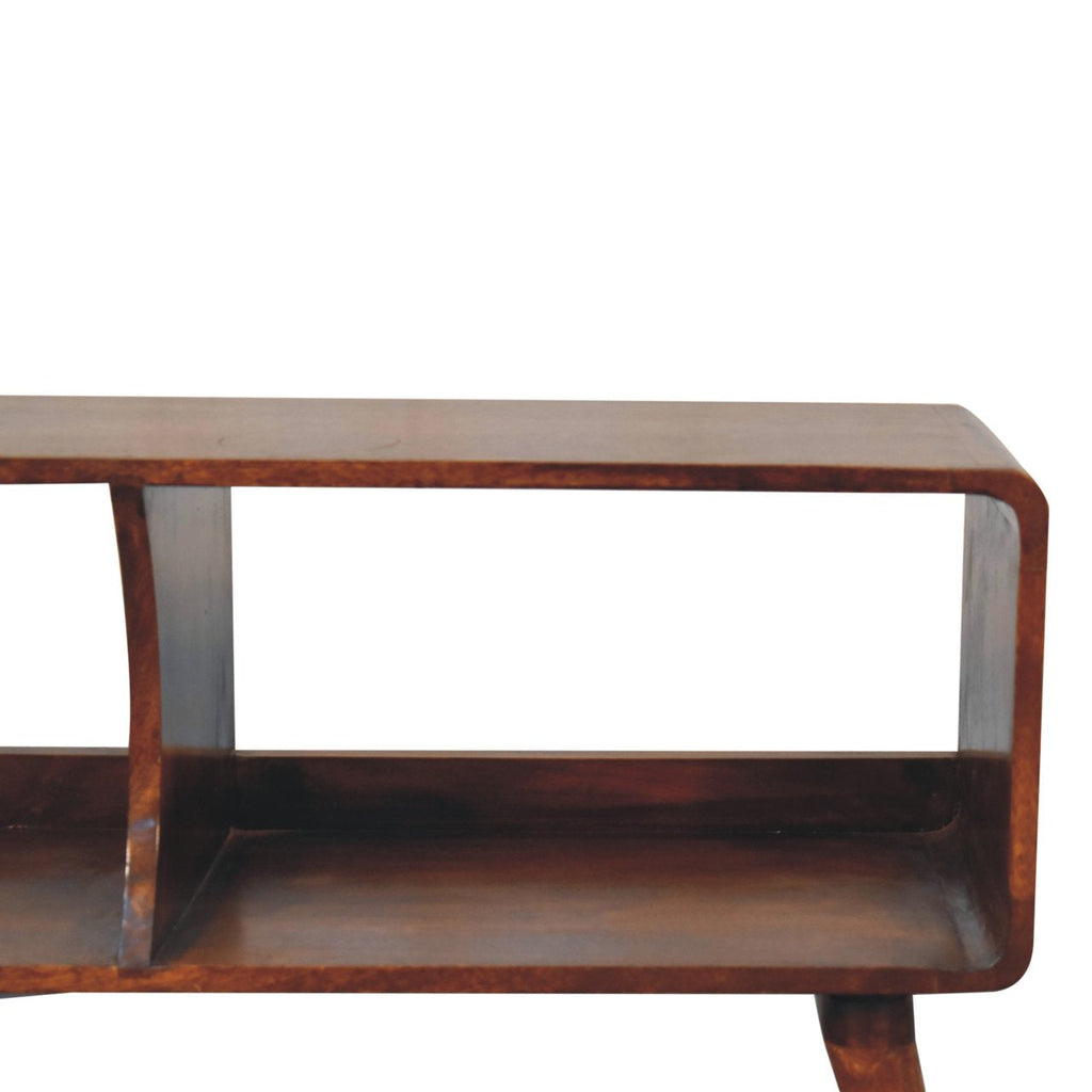 Chestnut Mango Wood Media Console — Curved Edges, Double Open Slot, Nordic Legs TV Stand | Denys