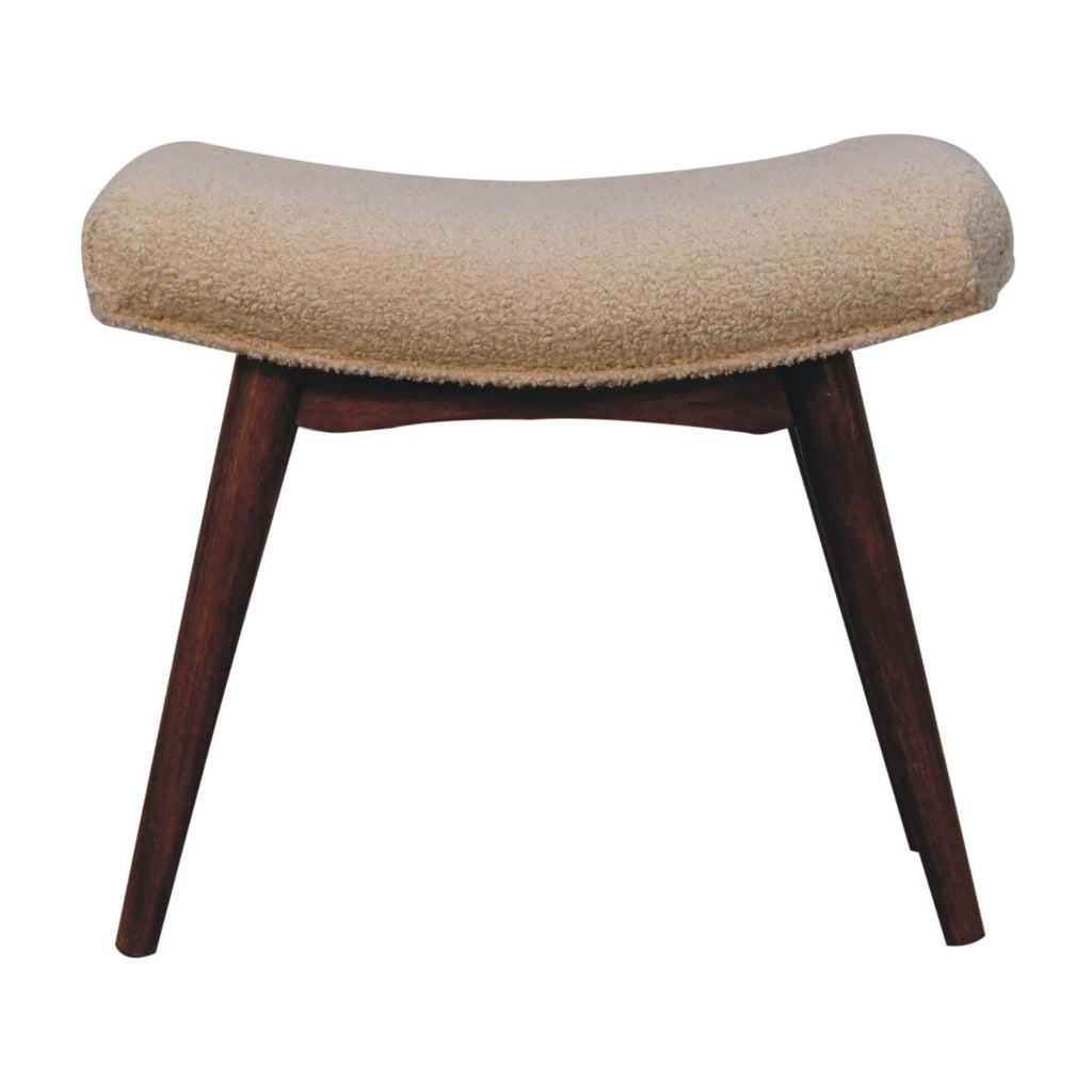 Honey Caramel Mango Wood Curved Bench — Cream Boucle Upholstered Seat, Nordic Legs | Jonquil