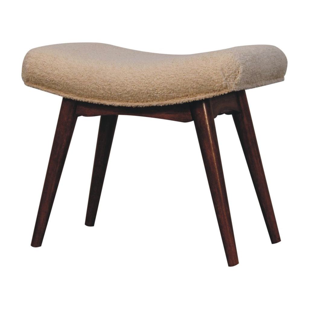 Honey Caramel Mango Wood Curved Bench — Cream Boucle Upholstered Seat, Nordic Legs | Jonquil