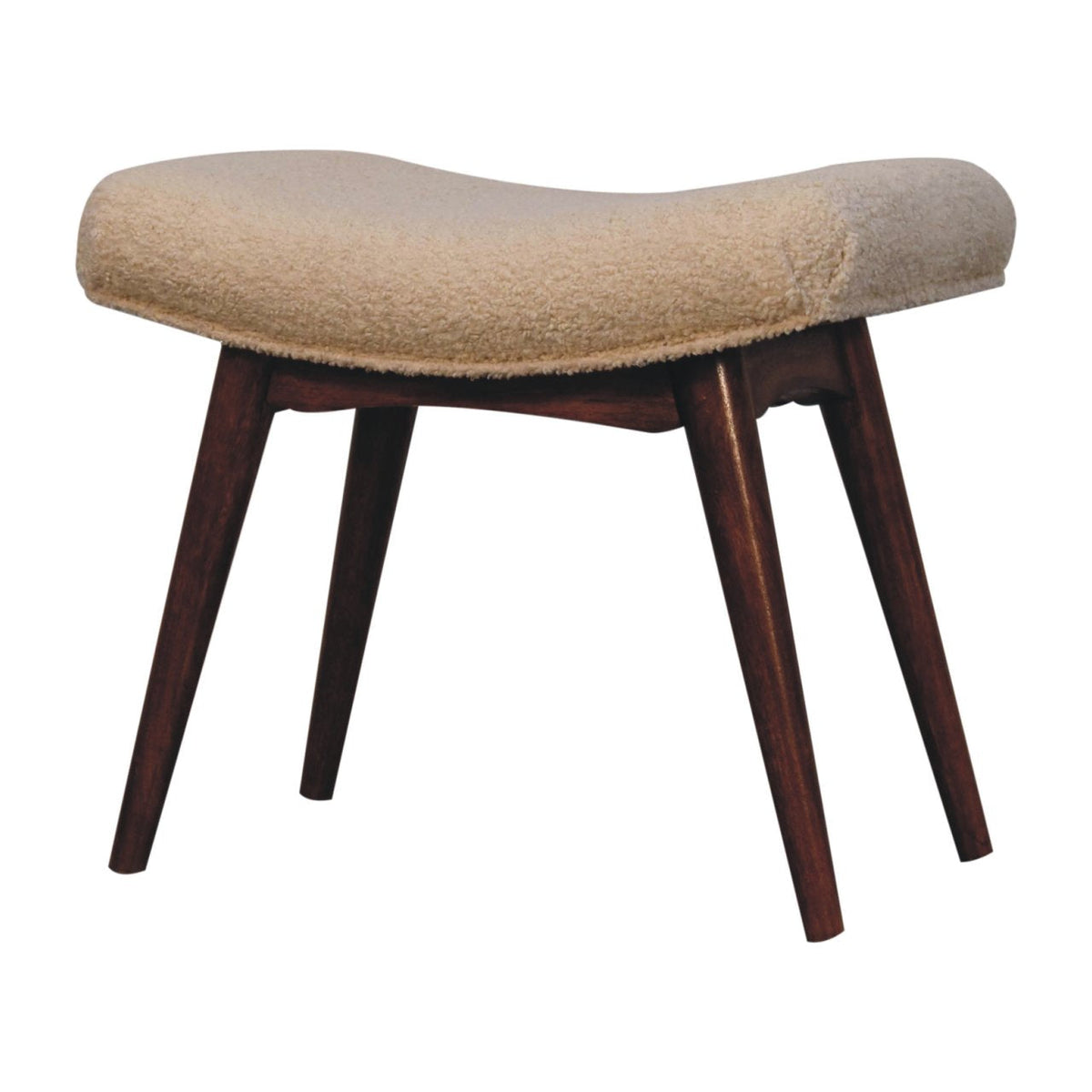 Honey Caramel Mango Wood Curved Bench — Cream Boucle Upholstered Seat, Nordic Legs | Jonquil