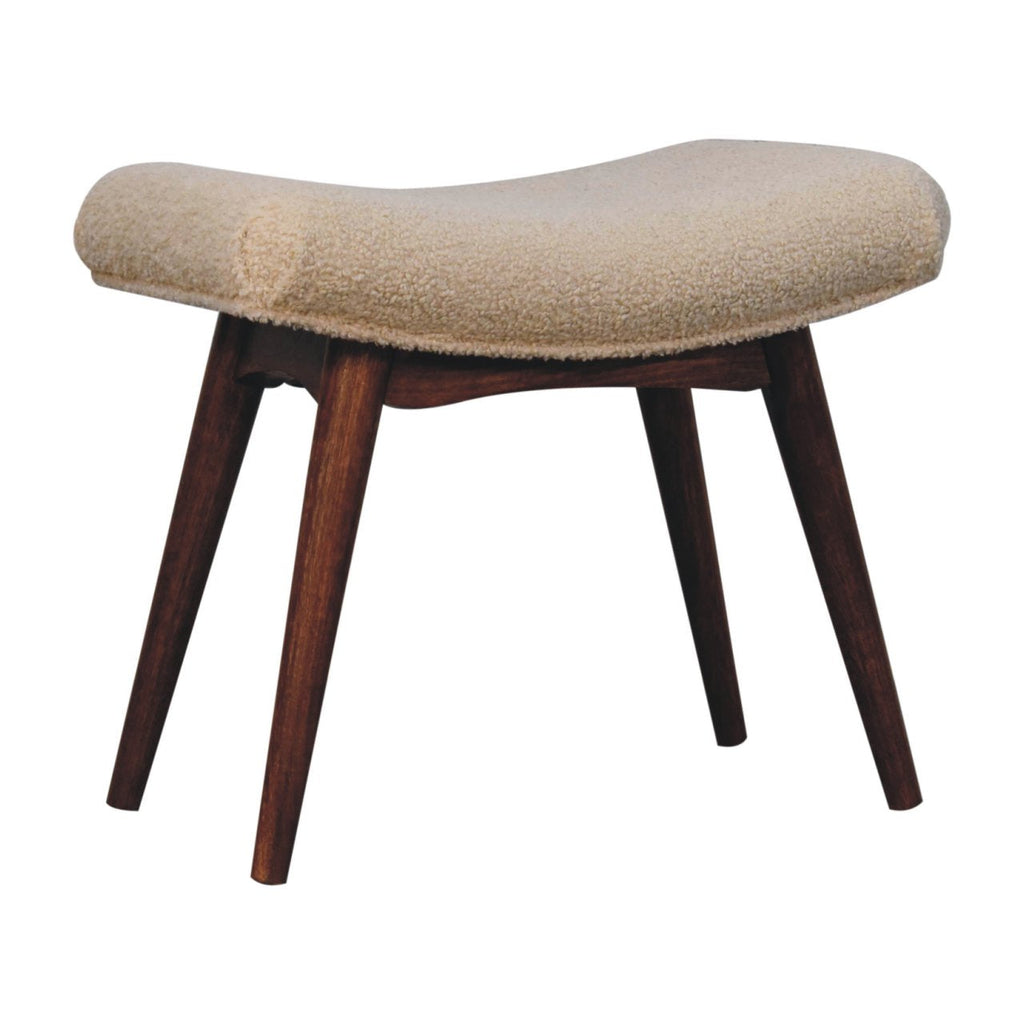 Honey Caramel Mango Wood Curved Bench — Cream Boucle Upholstered Seat, Nordic Legs | Jonquil