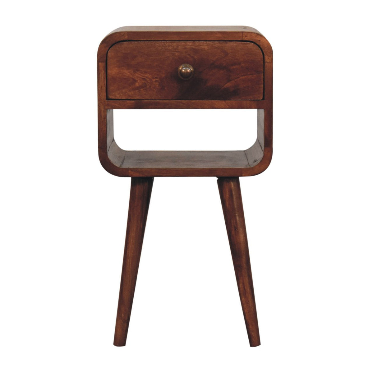 Honey Caramel Mango Wood Mini Nightstand — Curved 1-Drawer Bedside Table, Lower Open Slot | Lachaise