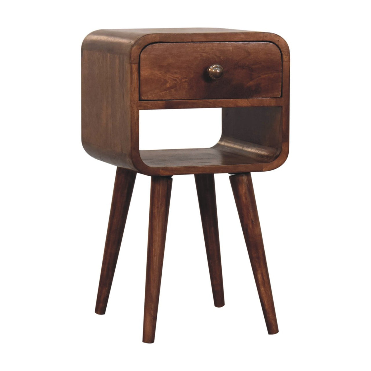 Honey Caramel Mango Wood Mini Nightstand — Curved 1-Drawer Bedside Table, Lower Open Slot | Lachaise