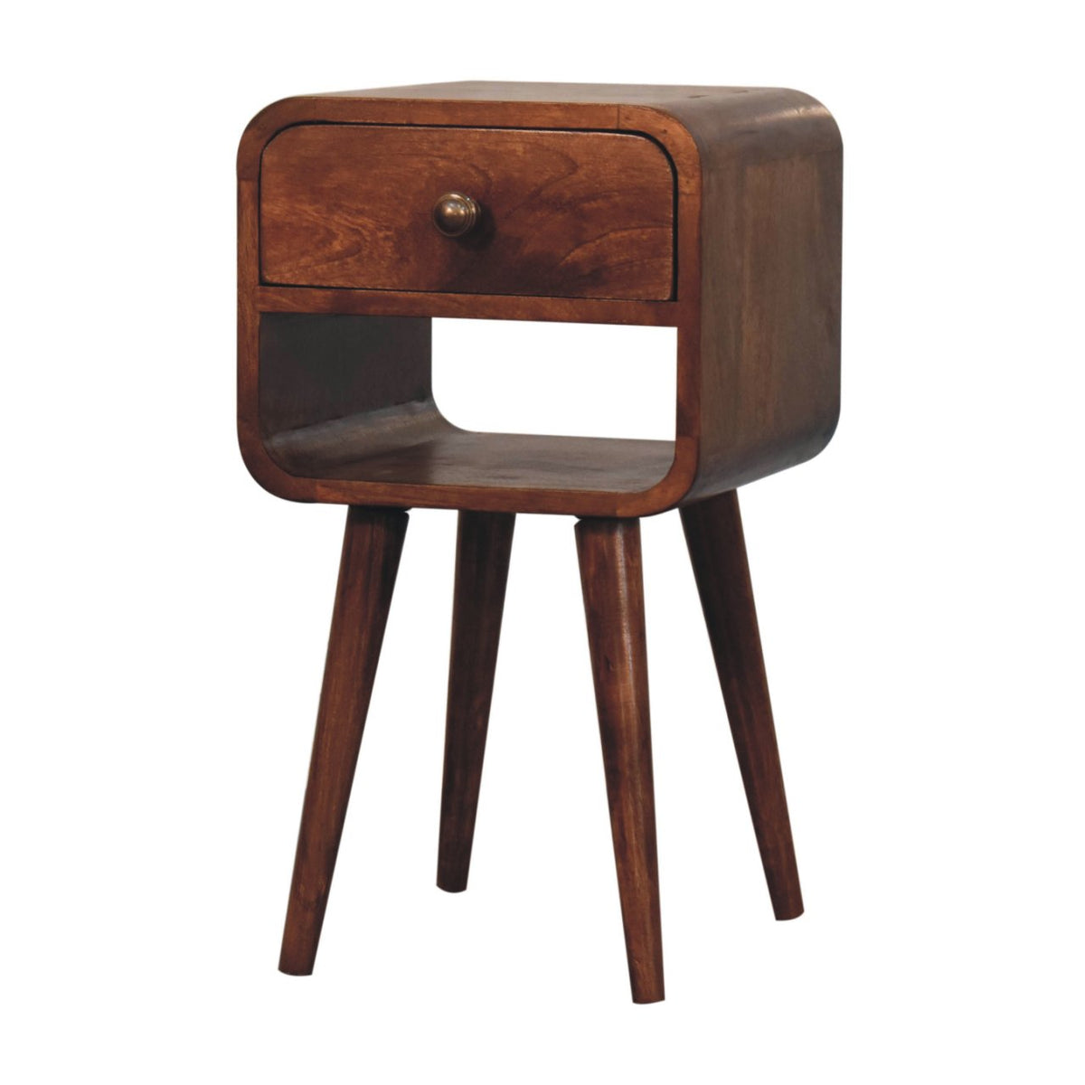 Honey Caramel Mango Wood Mini Nightstand — Curved 1-Drawer Bedside Table, Lower Open Slot | Lachaise