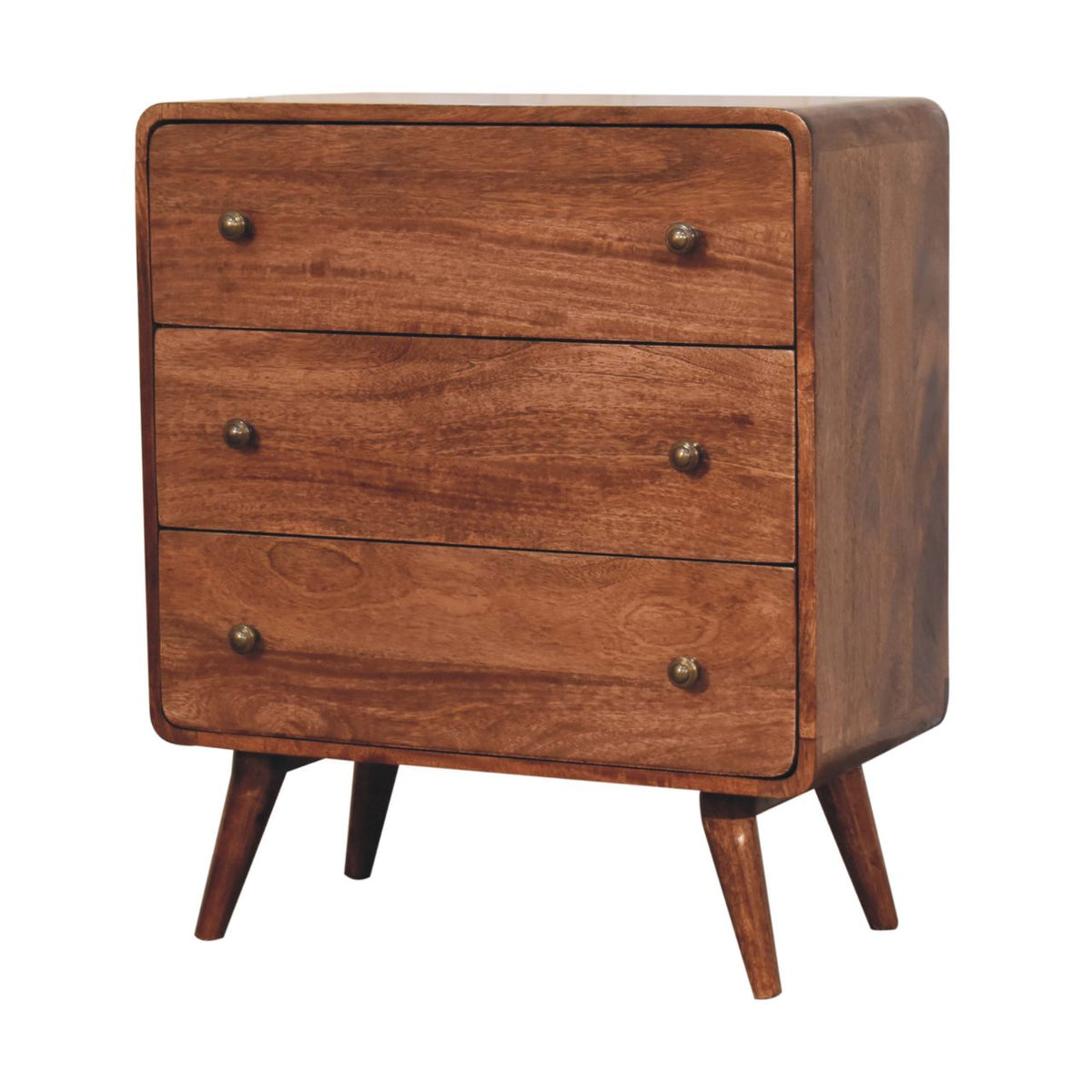 Honey Caramel Mango Wood Curved Chest of Drawers — Nordic Legs, Shiny Accent Knobs Dresser | Pommard