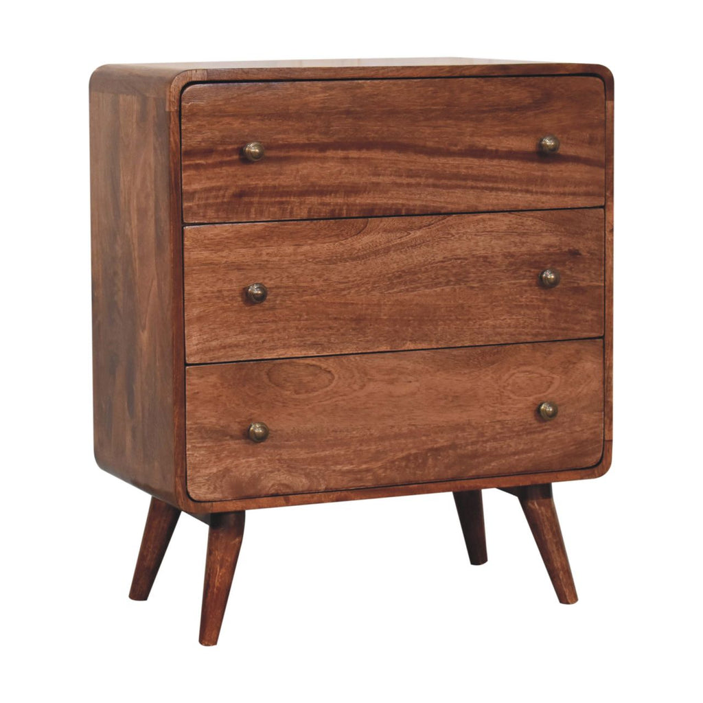 Honey Caramel Mango Wood Curved Chest of Drawers — Nordic Legs, Shiny Accent Knobs Dresser | Pommard