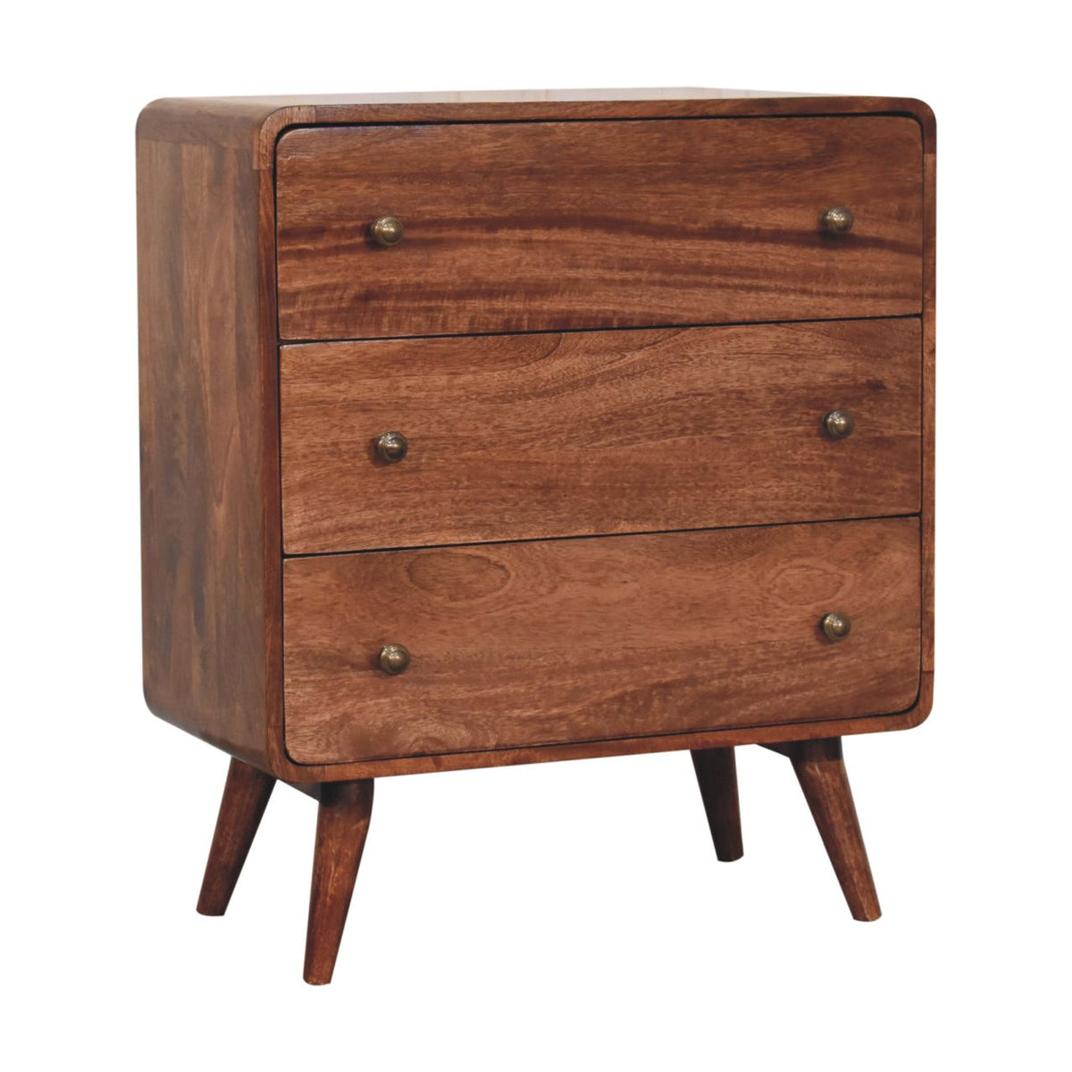 Honey Caramel Mango Wood Curved Chest of Drawers — Nordic Legs, Shiny Accent Knobs Dresser | Pommard