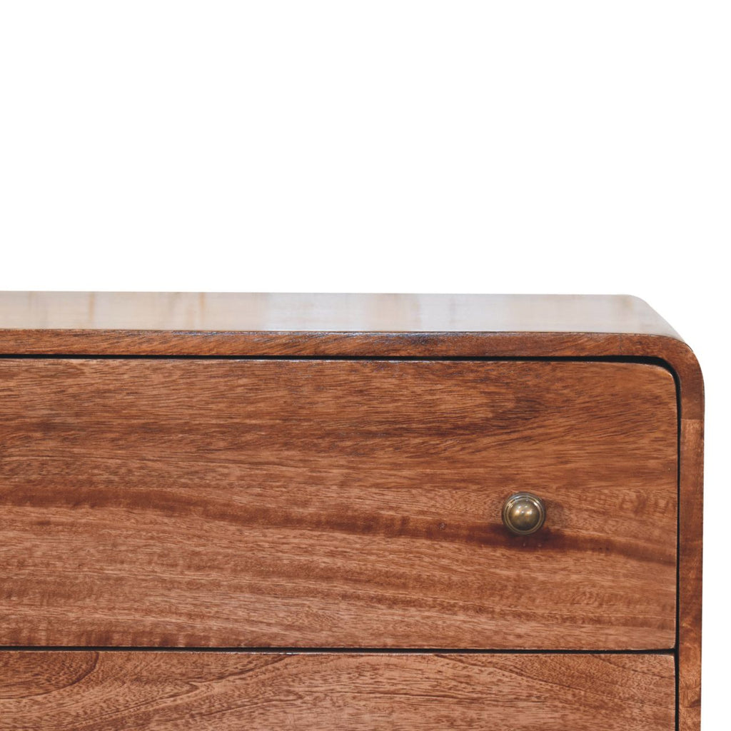 Honey Caramel Mango Wood Curved Chest of Drawers — Nordic Legs, Shiny Accent Knobs Dresser | Pommard