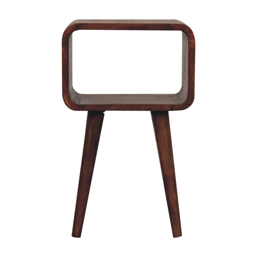 Honey Caramel Mango Wood Mini Nightstand — Curved Open Shelf Bedside Table, Tapered Legs | Kleber
