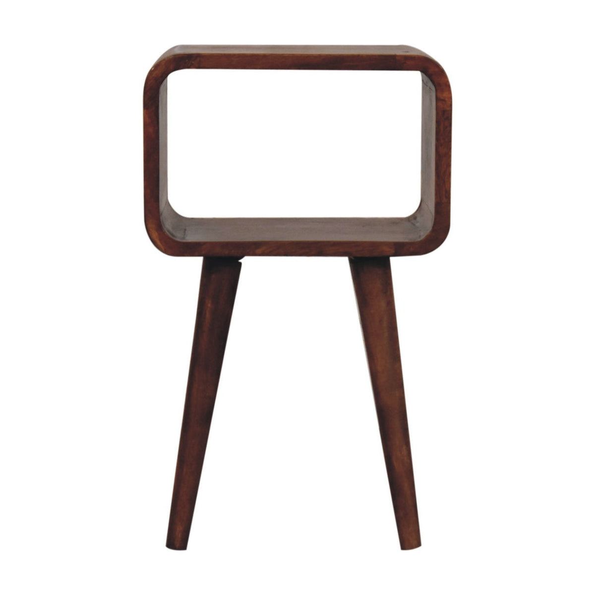 Honey Caramel Mango Wood Mini Nightstand — Curved Open Shelf Bedside Table, Tapered Legs | Kleber