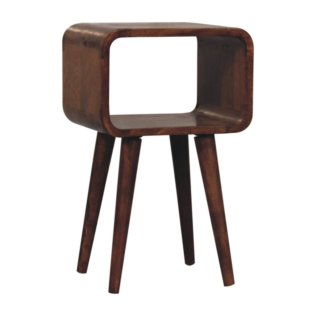 Honey Caramel Mango Wood Mini Nightstand — Curved Open Shelf Bedside Table, Tapered Legs | Kleber