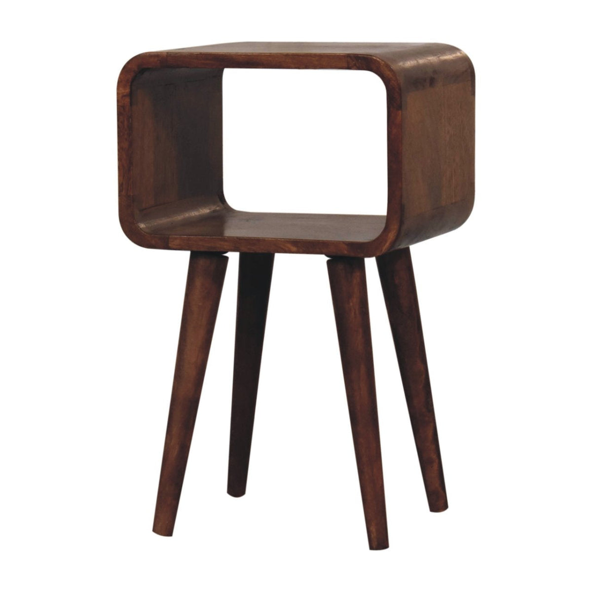 Honey Caramel Mango Wood Mini Nightstand — Curved Open Shelf Bedside Table, Tapered Legs | Kleber
