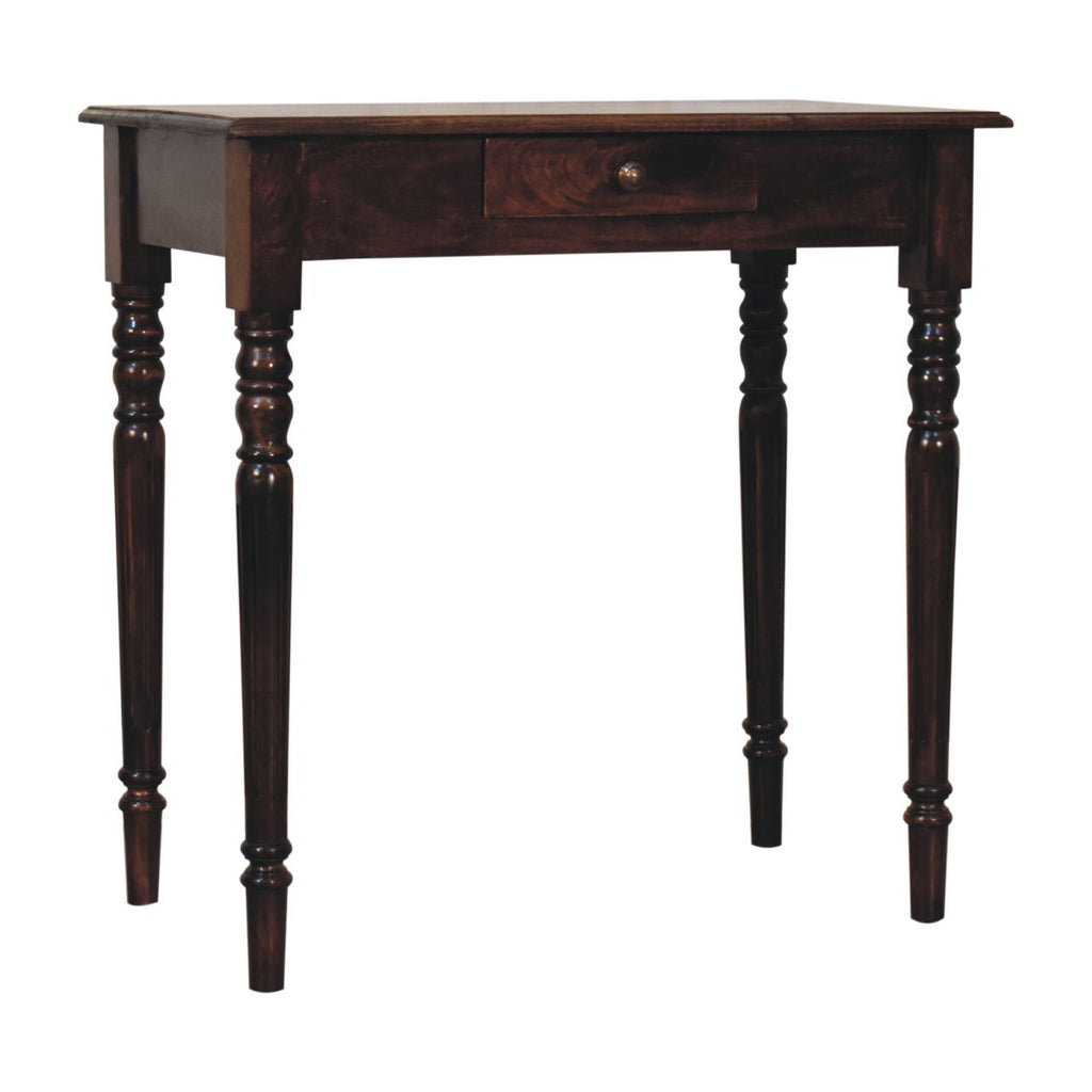 California Walnut Mango Wood 1-Drawer Writing Desk — Hand-Carved Fluted Legs, Shell Handle | Mainard