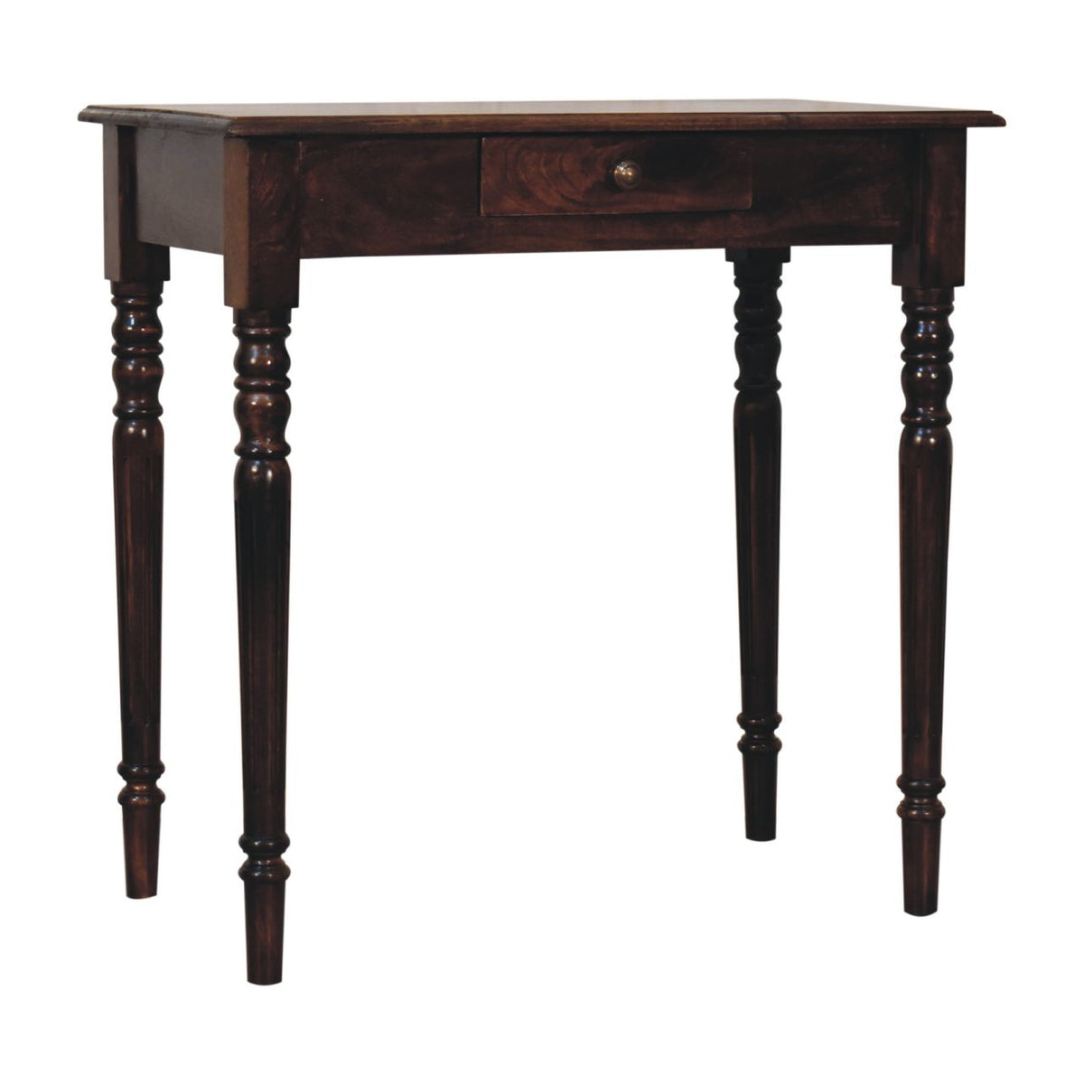 California Walnut Mango Wood 1-Drawer Writing Desk — Hand-Carved Fluted Legs, Shell Handle | Mainard