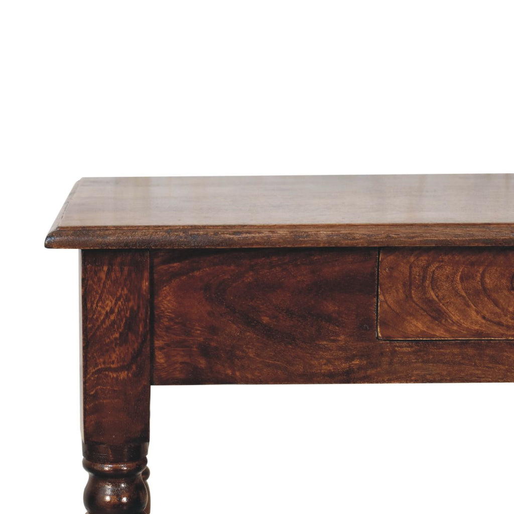 California Walnut Mango Wood 1-Drawer Writing Desk — Hand-Carved Fluted Legs, Shell Handle | Mainard