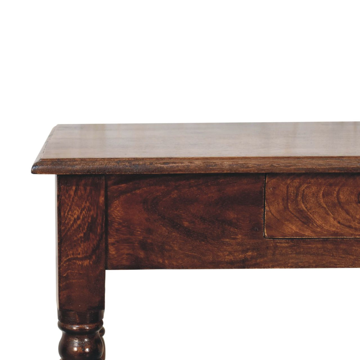 California Walnut Mango Wood 1-Drawer Writing Desk — Hand-Carved Fluted Legs, Shell Handle | Mainard