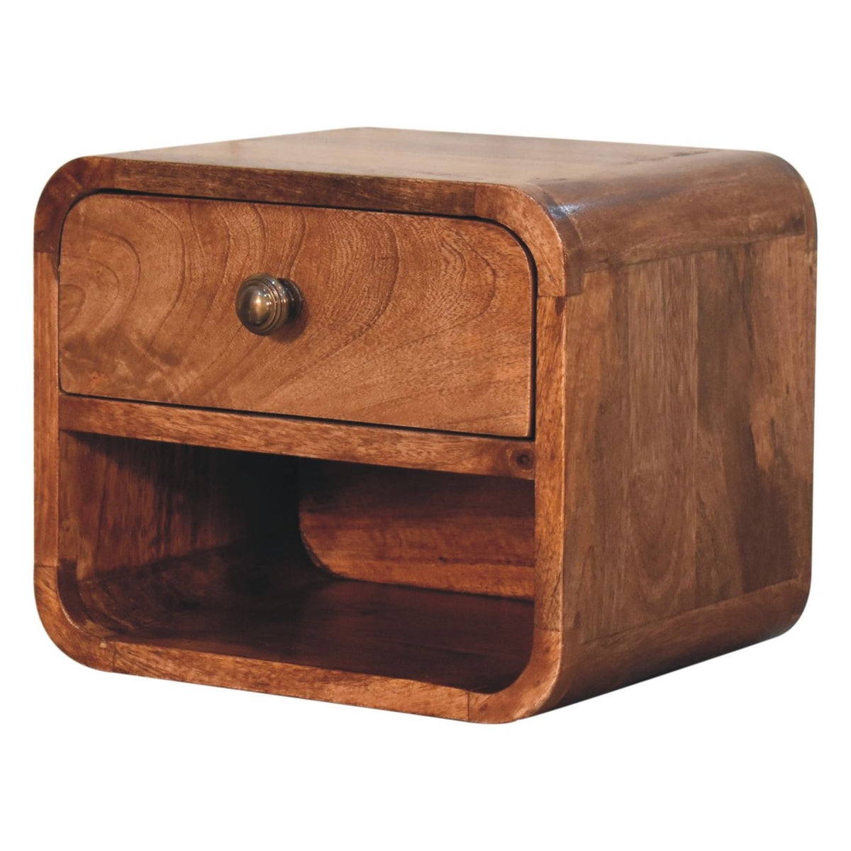 Honey Caramel Mango Wood 1-Drawer Wall Mounted Nightstand — Open Shelf Floating Bedside | Noailles