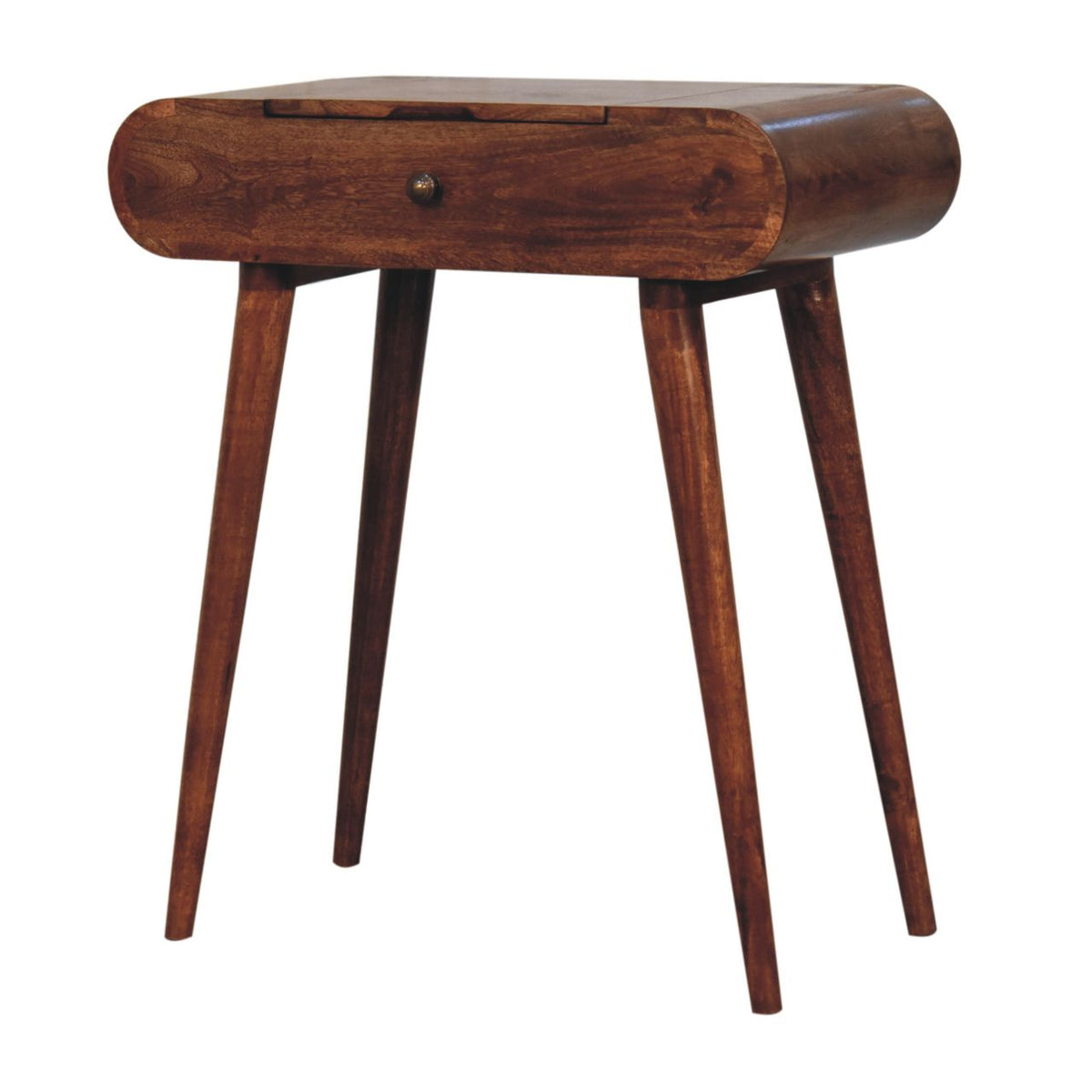 Honey Caramel Mango Wood 1-Drawer Mini Dressing Table — Foldable Vanity Mirror, Nordic Legs | Ollivier