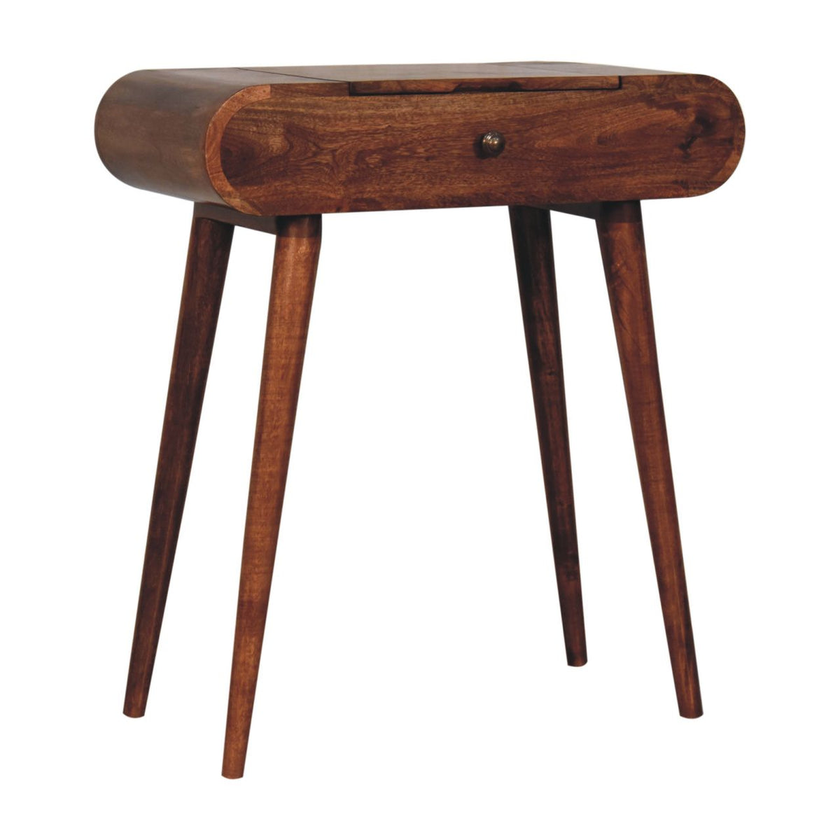Honey Caramel Mango Wood 1-Drawer Mini Dressing Table — Foldable Vanity Mirror, Nordic Legs | Ollivier