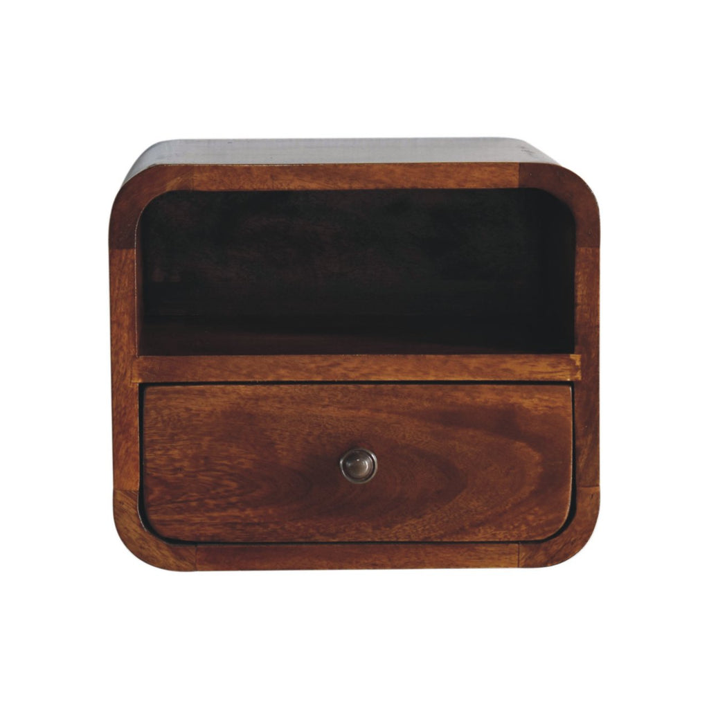 Chestnut Mango Wood Wall-Mounted Nightstand — Curved 1-Drawer Floating Bedside Table, Open Shelf | Emile