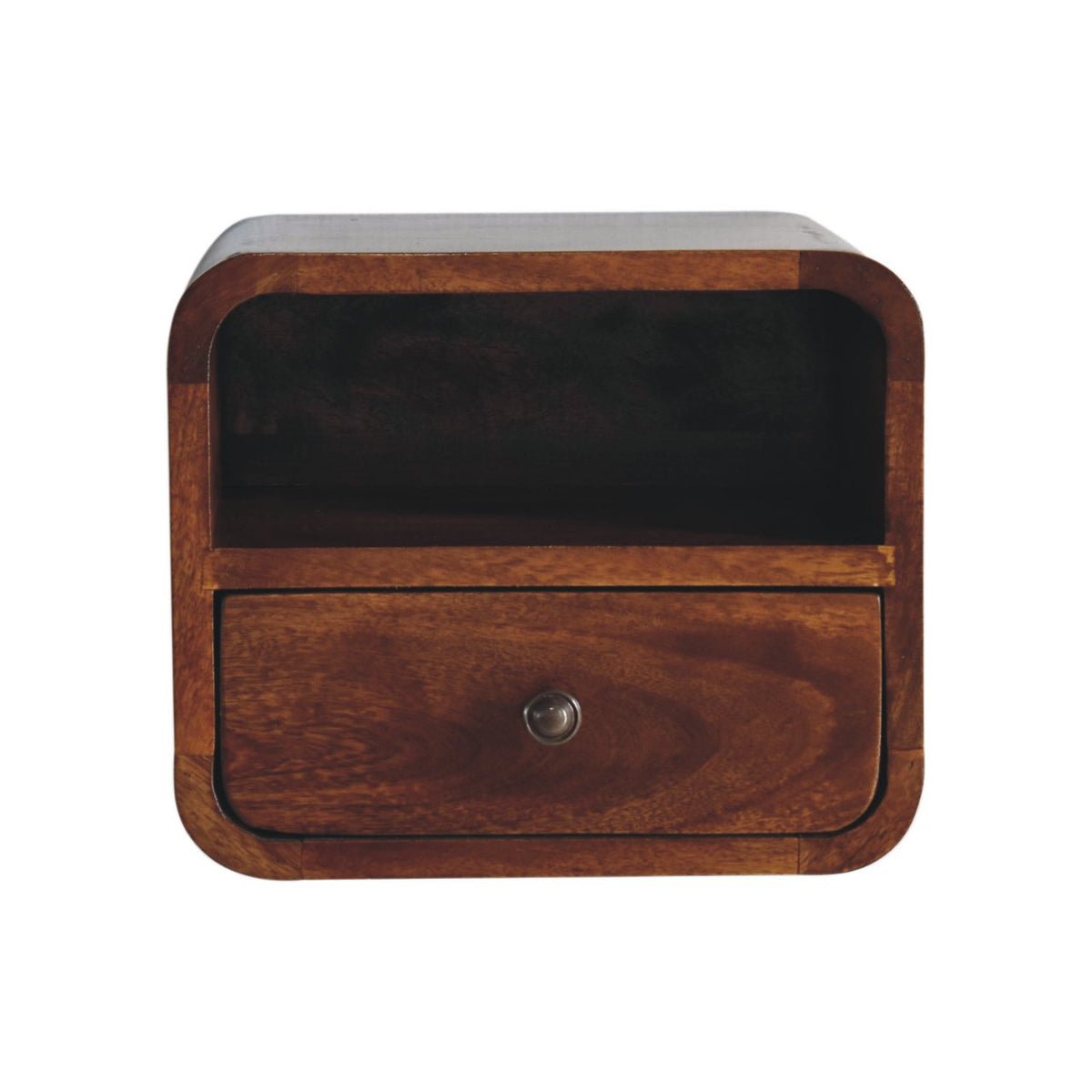 Chestnut Mango Wood Wall-Mounted Nightstand — Curved 1-Drawer Floating Bedside Table, Open Shelf | Emile