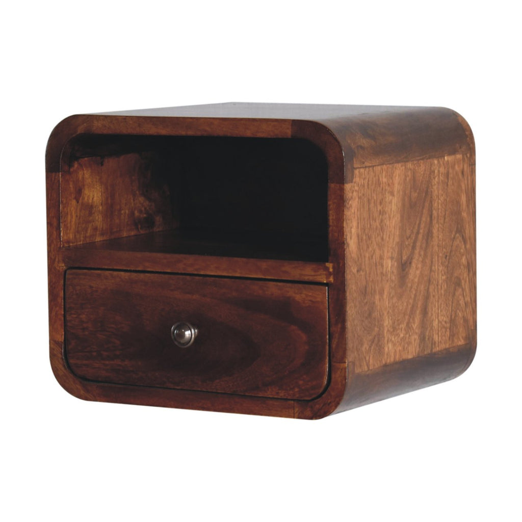 Chestnut Mango Wood Wall-Mounted Nightstand — Curved 1-Drawer Floating Bedside Table, Open Shelf | Emile