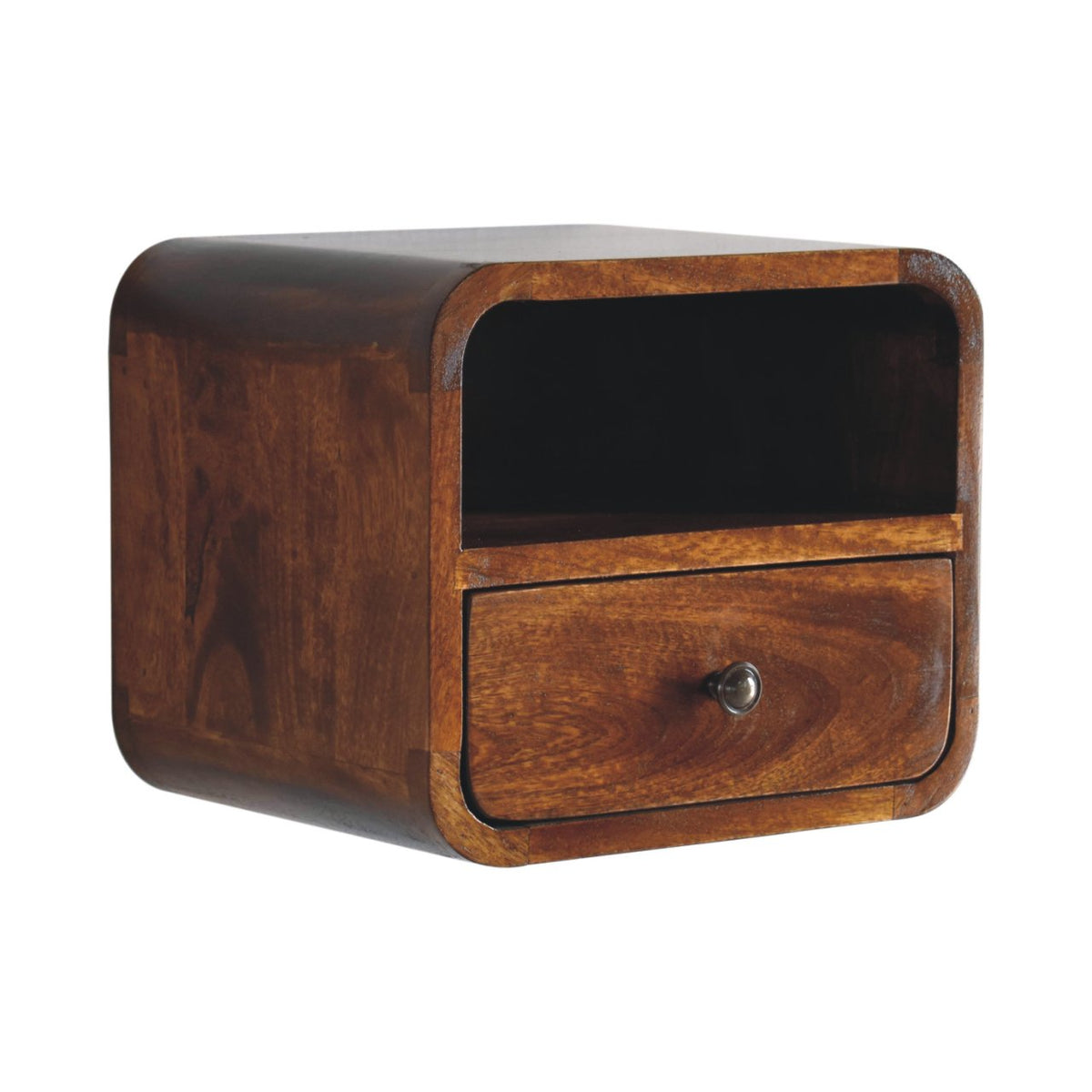 Chestnut Mango Wood Wall-Mounted Nightstand — Curved 1-Drawer Floating Bedside Table, Open Shelf | Emile