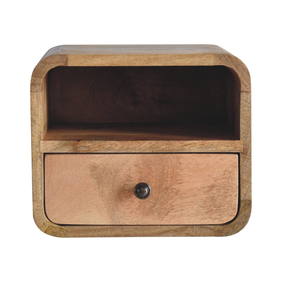 Oak Finish Mango Wood Wall-Mounted Nightstand — Curved 1-Drawer Floating Bedside Table, Open Shelf | Florac