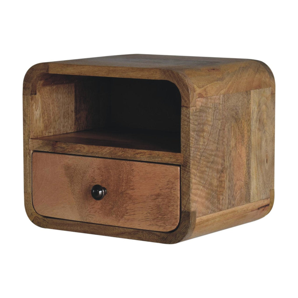 Oak Finish Mango Wood Wall-Mounted Nightstand — Curved 1-Drawer Floating Bedside Table, Open Shelf | Florac