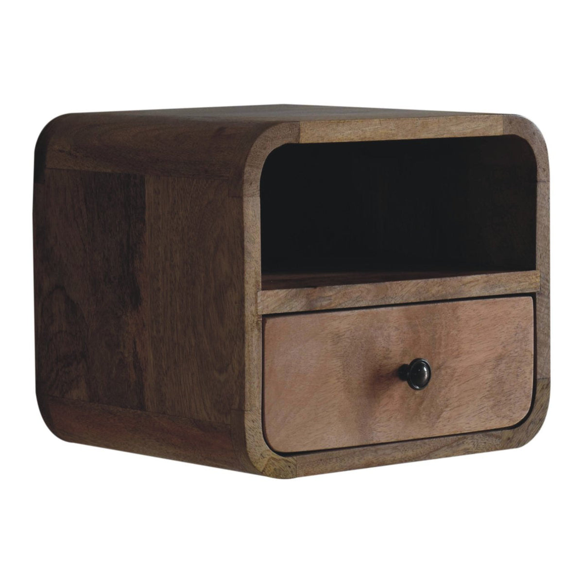 Oak Finish Mango Wood Wall-Mounted Nightstand — Curved 1-Drawer Floating Bedside Table, Open Shelf | Florac